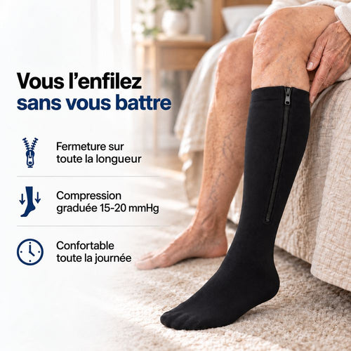 Bas de compression noir à fermeture éclair porté, enfilage sans effort
