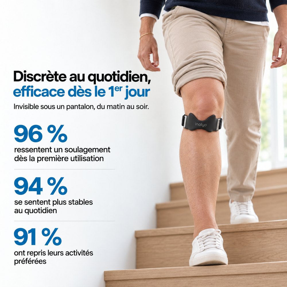 Sangle rotulienne discrète portée au quotidien sous un pantalon