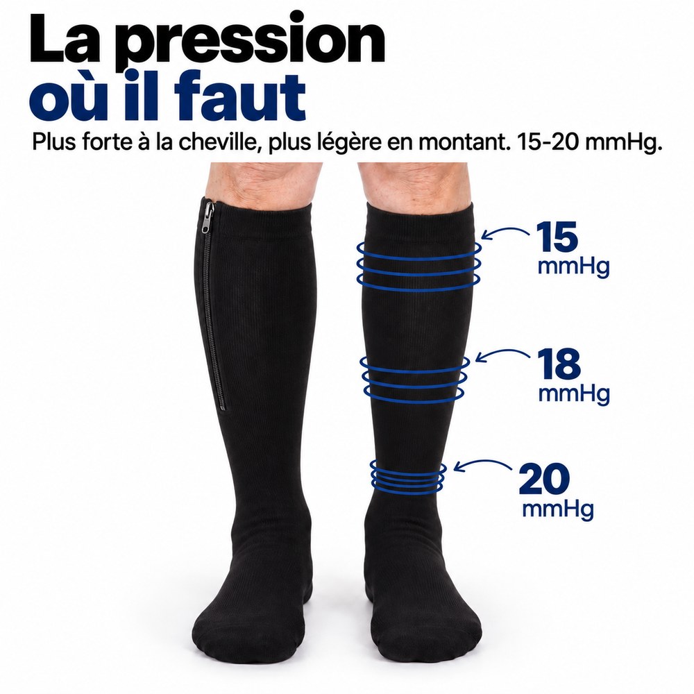 Compression graduée 15-20 mmHg, de la cheville au genou