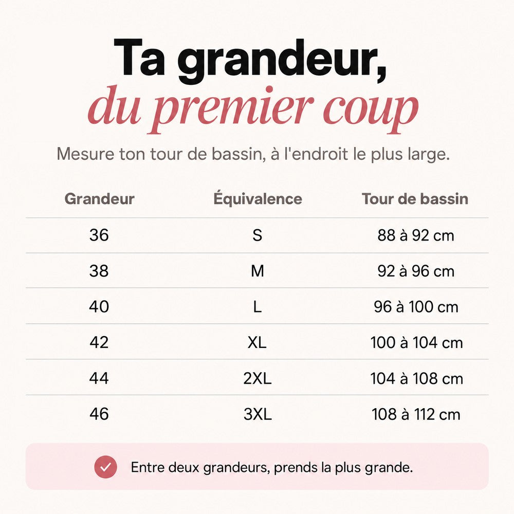 Guide des grandeurs, du 36 au 46, tour de bassin en centimètres
