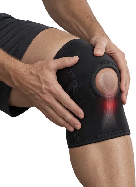 Homme qui tient son genou douloureux dans une genouillère en néoprène, douleur au tendon rotulien