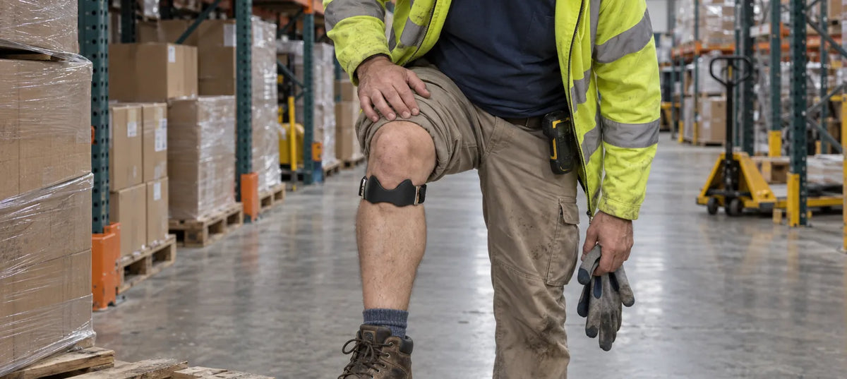 Magasinier dans un entrepôt qui remonte la jambe de son pantalon pour montrer la sangle rotulienne portée sous le genou