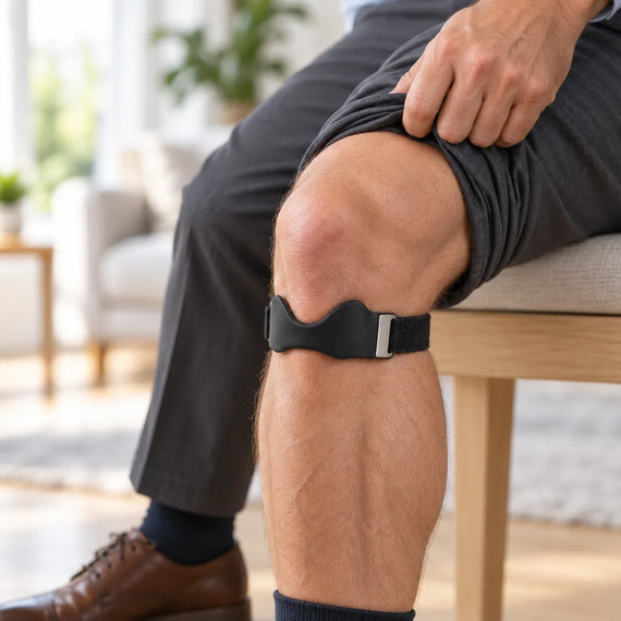 Homme en pantalon de ville qui remonte sa jambe de pantalon pour montrer la sangle rotulienne fine portée dessous