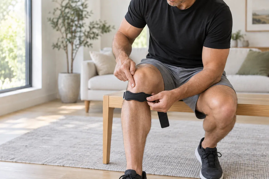 Homme assis qui repère du doigt le tendon juste sous la rotule avant d’y poser la sangle rotulienne