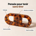 Détails de la pince aimantée, profil plat, dents arrondies, aimants et acétate