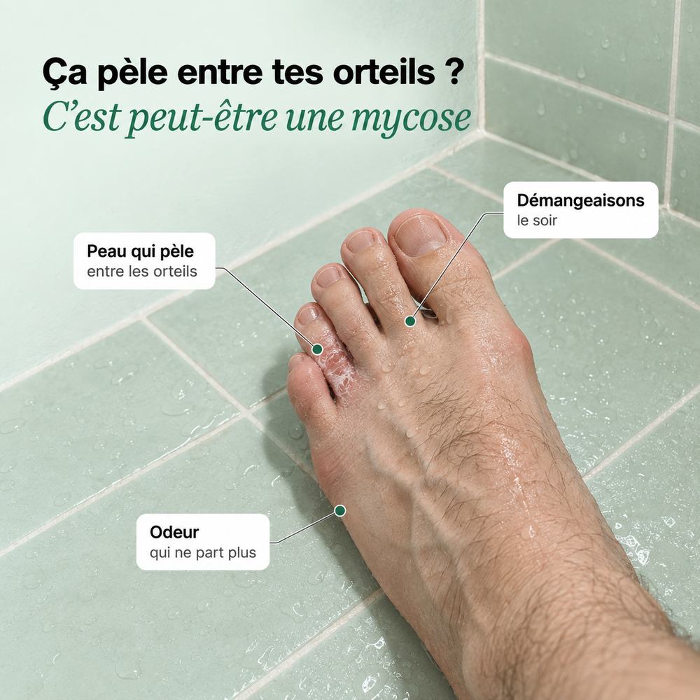 Pied avec la peau qui pèle entre les orteils, signes d’une mycose
