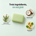 Les trois ingrédients du savon : arbre à thé, huile de coco et hamamélis