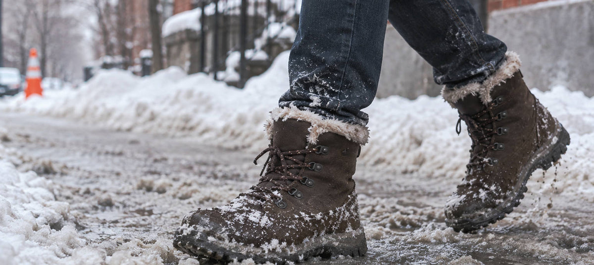 Bottes d’hiver dans la slush sur un trottoir de Montréal