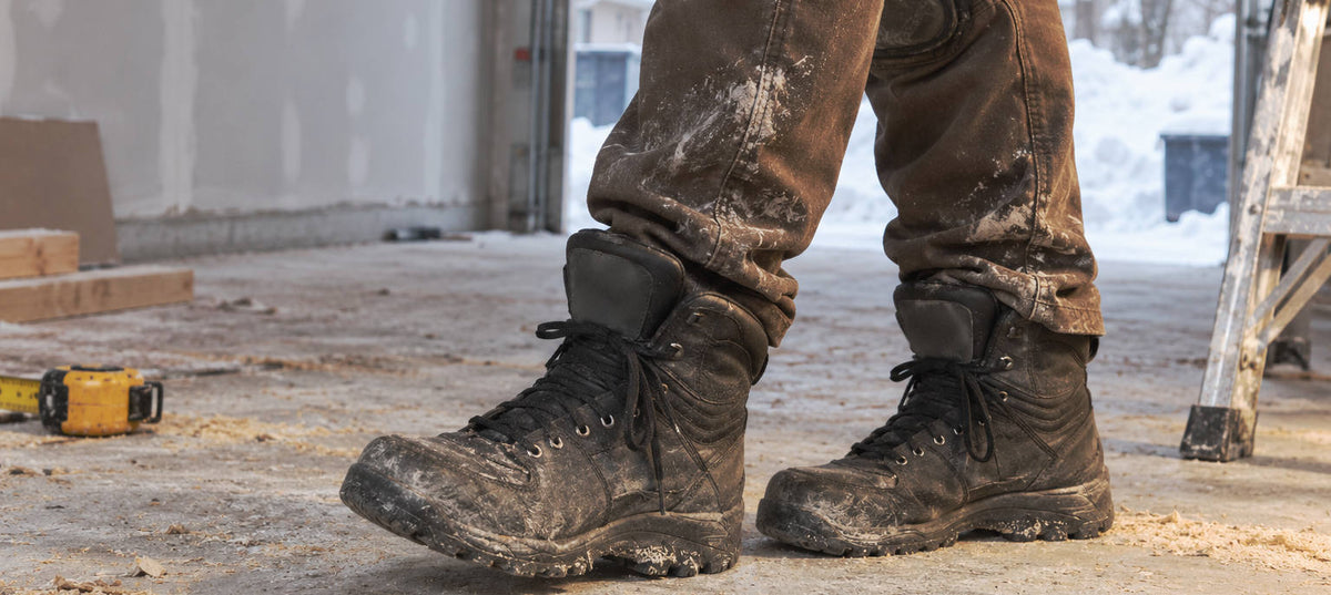Bottes de travail sur un chantier en hiver