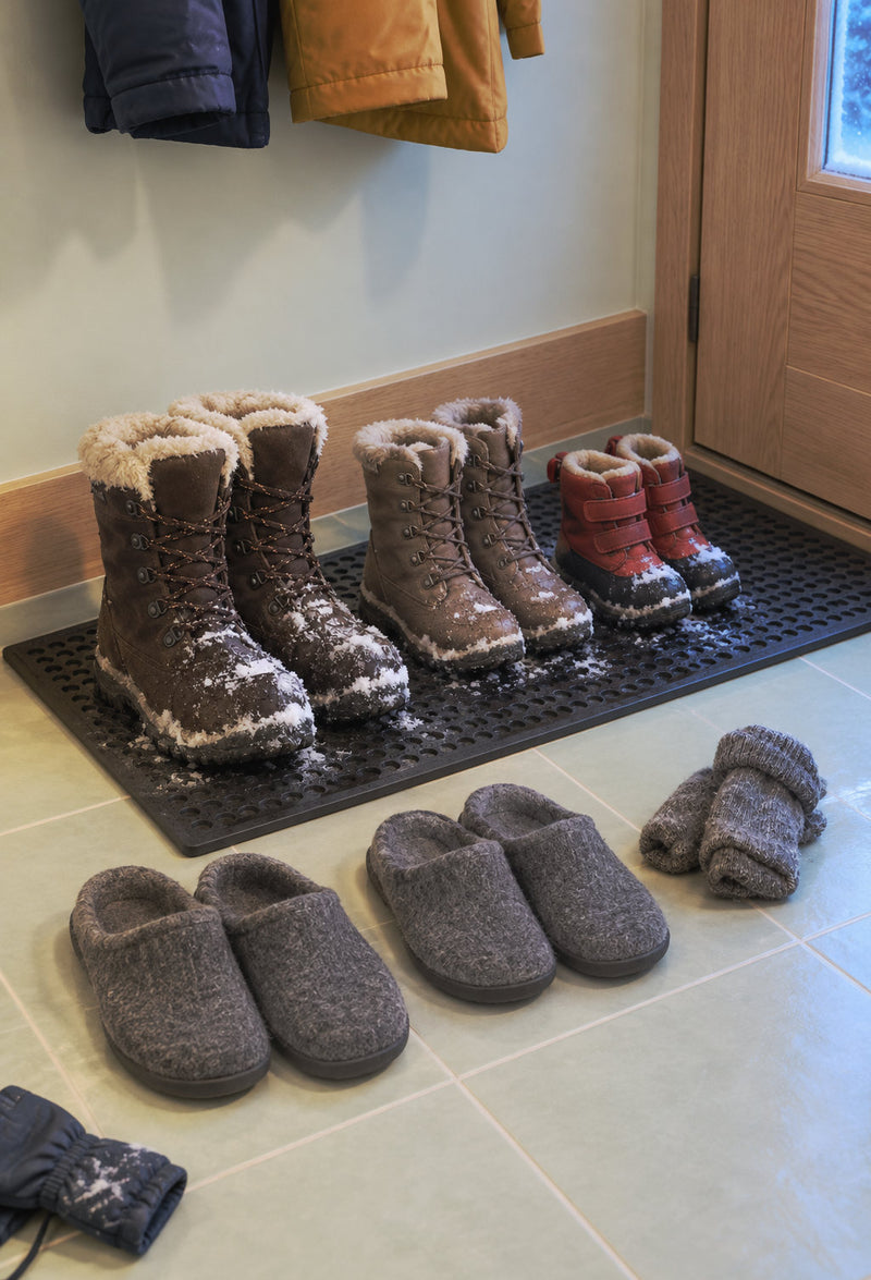 Entrée familiale avec bottes et pantoufles