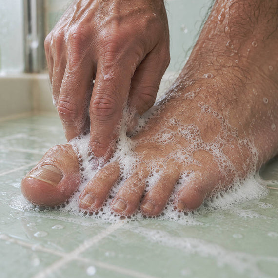 Mousse du savon entre les orteils sous la douche
