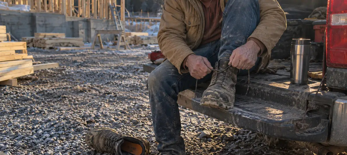 Ouvrier qui lace ses bottes de travail sur le hayon d’une camionnette