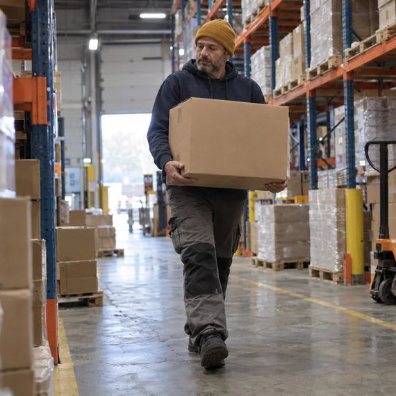 Travailleur d’entrepôt qui marche sur le béton avec un carton