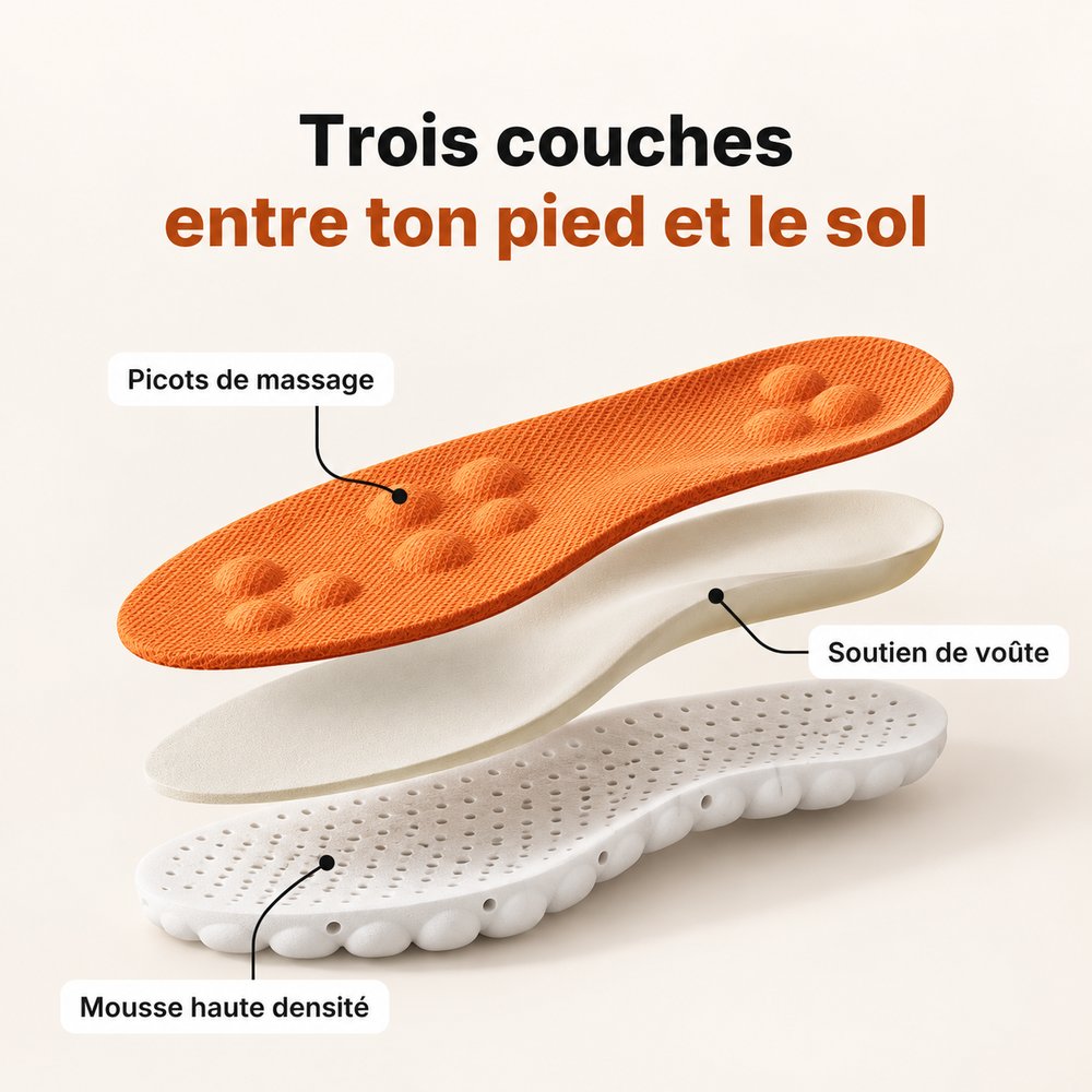 Trois couches : picots de massage, soutien de voûte, mousse haute densité