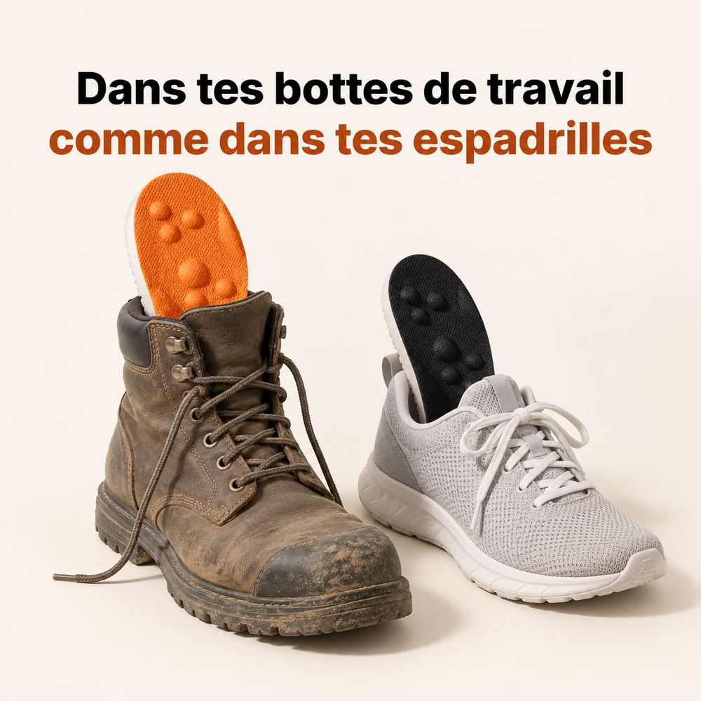 Semelles Nuage dans une botte de travail et une espadrille