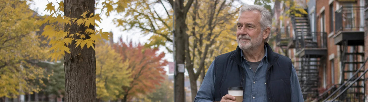 Homme qui marche dans une rue de Montréal en automne, un café à la main