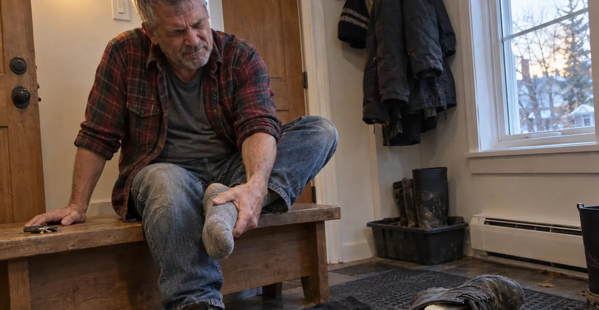 Homme assis dans l’entrée qui se masse le pied après sa journée debout