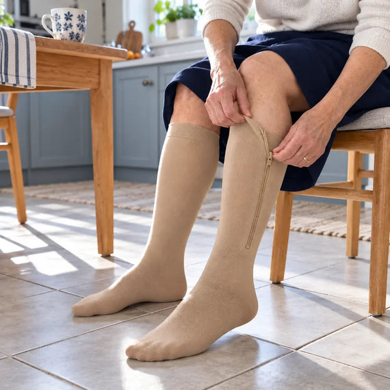 Femme qui remonte la fermeture de son bas de compression beige