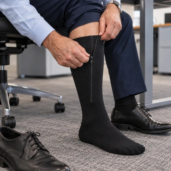 Homme au bureau qui remonte la fermeture de son bas de compression noir