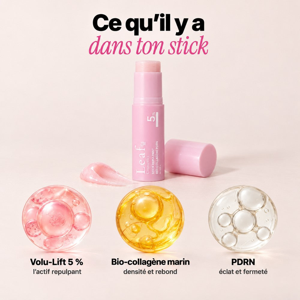 Les actifs du stick, Volu-Lift 5 %, bio-collagène marin et PDRN