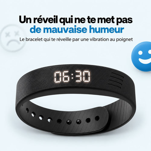 Bracelet réveil vibrant WAKE posé à plat, affichage 06:30