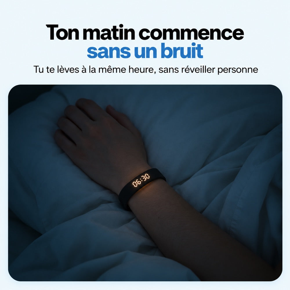 Bracelet réveil vibrant porté au poignet la nuit, chambre silencieuse