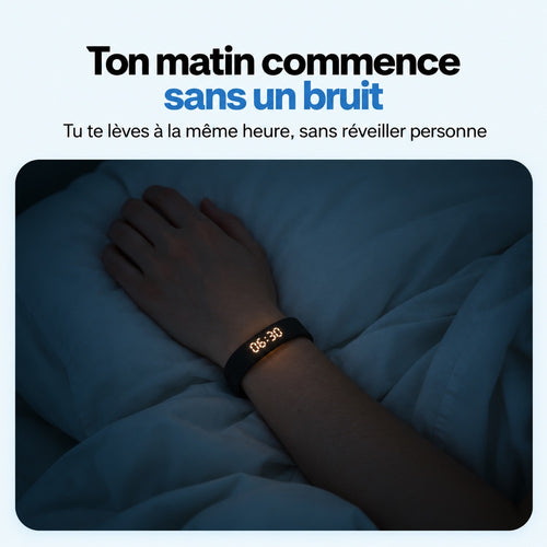 Bracelet réveil vibrant porté au poignet la nuit, chambre silencieuse