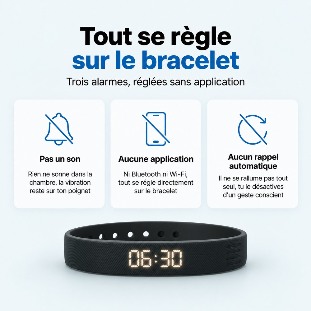 Trois alarmes réglables directement sur le bracelet réveil vibrant