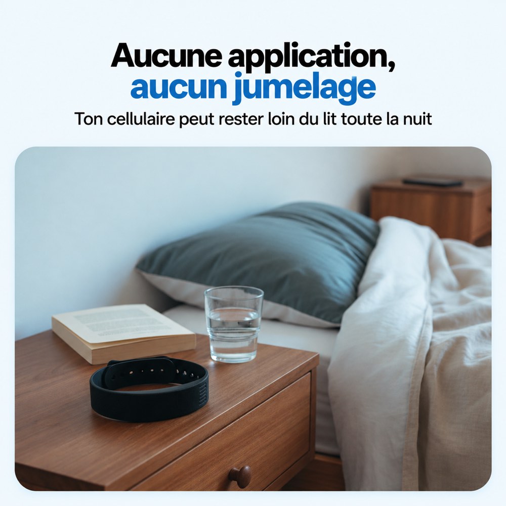 Bracelet réveil vibrant sans application ni jumelage, posé sur la table de chevet